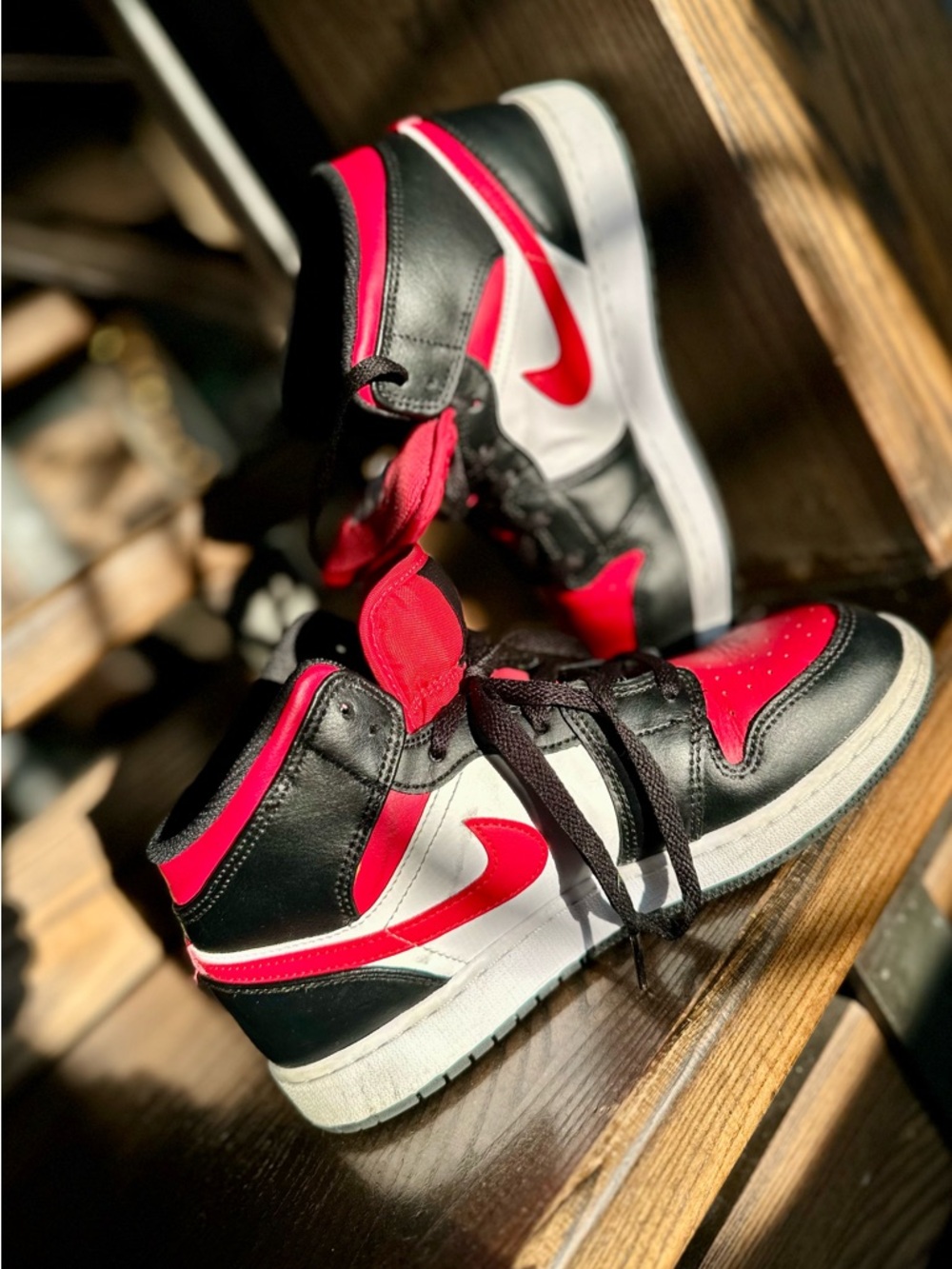 Air Jordan I Mid Youth: Red & Black High-Top Sneakers 6Y